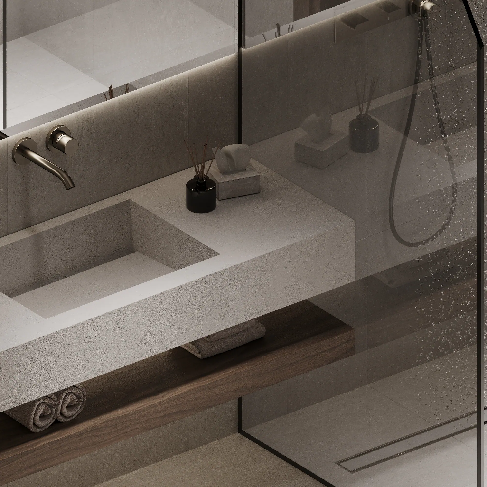 Détail de salle de bain aux finitions minérales
